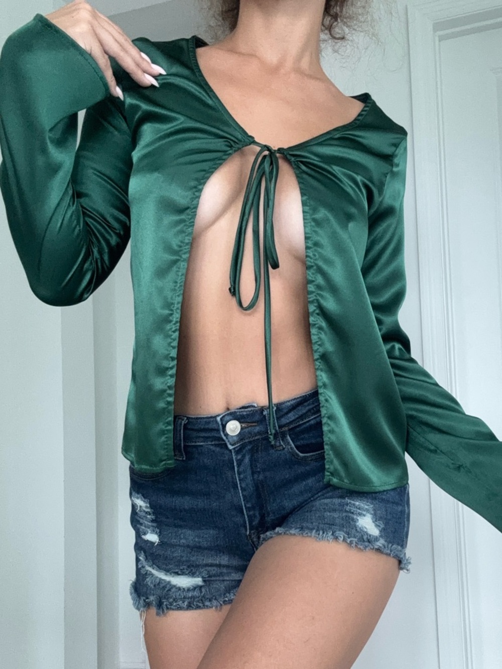 Fashion Nova. Green Satin Tie-Front Women’s Top